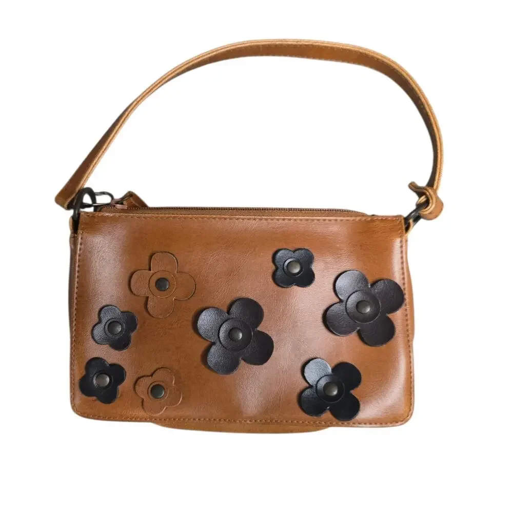 Y2K Far Nine Leather Flower Appliqué Shoulder Bag Small Tan Boho Purse Mini
